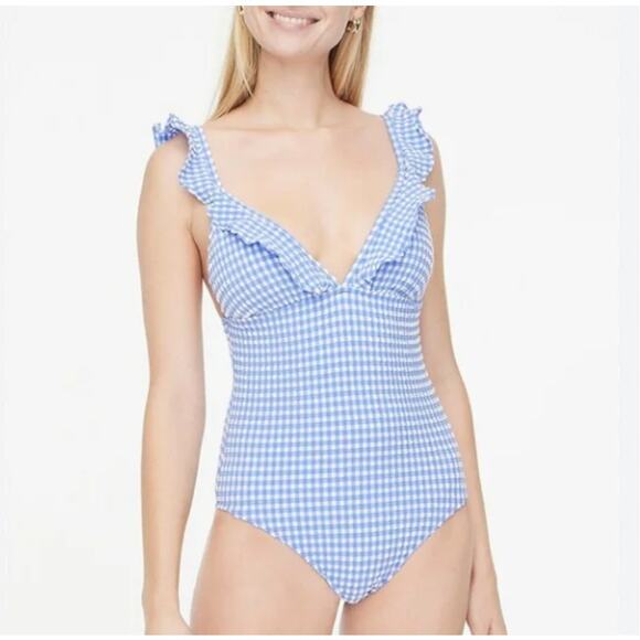 NWT J. Crew Sz L Seersucker Ruffle V-neck One-piece Swimsuit BY483 Blue Gingham - Picture 2 of 12